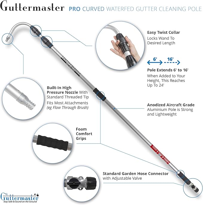 Guttermaster Pro Telescopic Water Fed Pole with Curved End, Extends 16 Feet | Reach up to 24 feet, standard garden hose connector, no special attachments needed