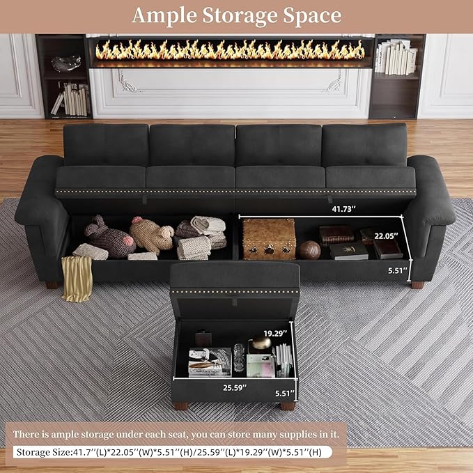 JAMFLY 108" Modular Sectional Sofa with Storage, L Shaped Sofa Couch with Reversible Ottoman, 4-Seat Convertible Sectional Couches with Cup Holders for Living Room, Apartment, Black