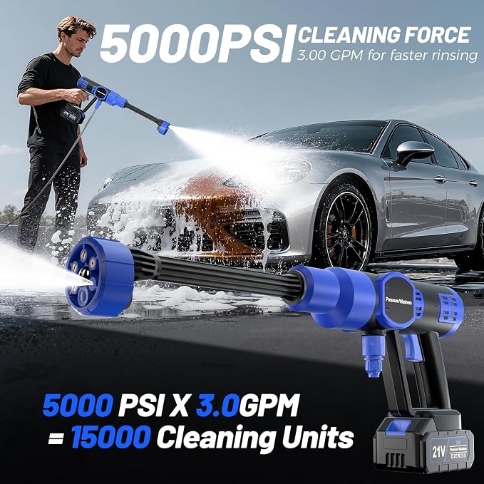5000 PSI Cordless Pressure Washer with 4.0Ah Battery | Foam Cannon Included, 6-in-1 Nozzle, Car Washing, Patio Rinsing, Fence Cleaning, Deck Care