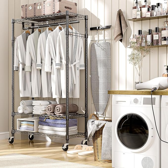 Heavy Duty Rolling Garment Rack 3 Tiers Adjustable Wire Shelving Clothes Rack with Rods and Side Hooks,Storage Closet Clothing Rack with Wheels Black 15.7" D x 29.5" W x 74.5" H
