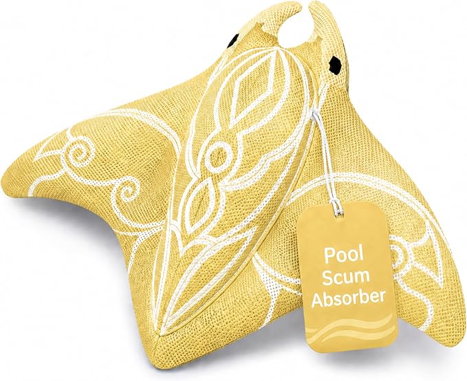 Swimming Pool & Swim Spa Scum Absorber - Yellow Oil Absorbing Stingray, Floating Pool Cleaner for Inground & Above Ground Pools, Keeps Water Clear, Machine Washable