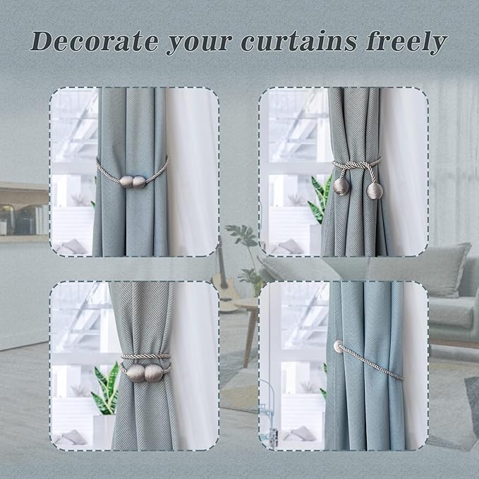 Hion Magnetic Curtain Tiebacks Grey 6 Pack, Curtain Tiebacks Buckles Holdbacks Holders Hooks Clip for Home Bedroom Office Decorative Thick or Thin Curtain