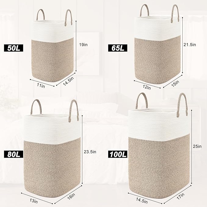 Woven Laundry Basket for Clothes, 80L Large Rectangle Laundry Hampers with Beads Tassel, Nursery Storage Basket for Toys, Tall Dirty Clothes Hamper for Bedroom Aesthetic, Laundry Room Organization