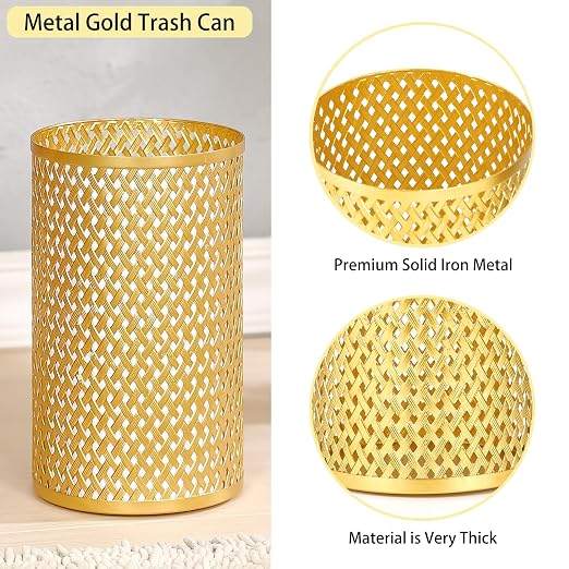 Small Gold Trash Can for Bathroom, Metal Garbage Can for Offices, Decorative Hollow-Out Garbage Can Waste Paper Bin, 7" W X 7" L X 12" H