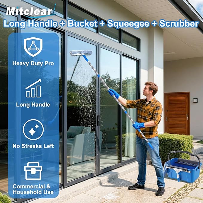 Window Cleaning Kit 77'' Long Handle with Bucket for Home Outdoor | Professional Window Washing Equipment, 77'' Long Handle, 14'' Silicone Squeegee, Microfiber Scrubber, Cloth, Commercial Use