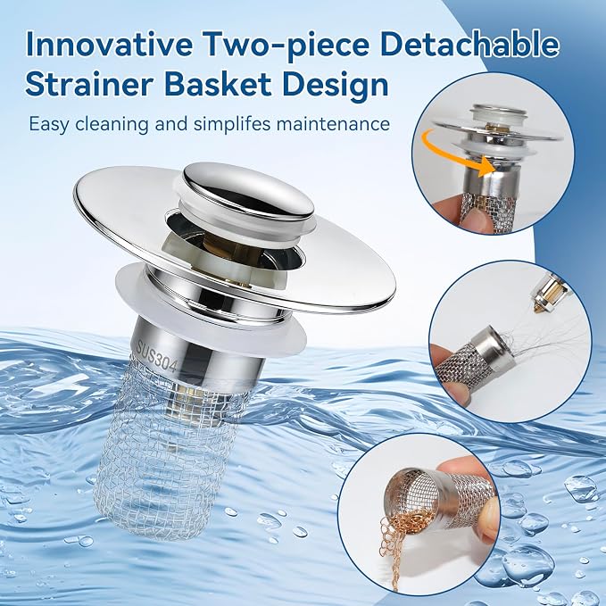Universal Bathroom Sink Stopper & Hair Catcher, Stainless Steel Drain Filter Strainer, Anti-Clog Pop Up Drain Stopper for US Standard Bathroom Sinks (1PCS)