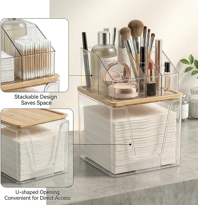 Disposable Facial Towels Holder, 2 in 1 Facial Towels Storage Box | Clear Acrylic Box with Bamboo Lid Stackable Vanity Organizer Cosmetics Organizer Compatible with Clean Skin Club Towel XL