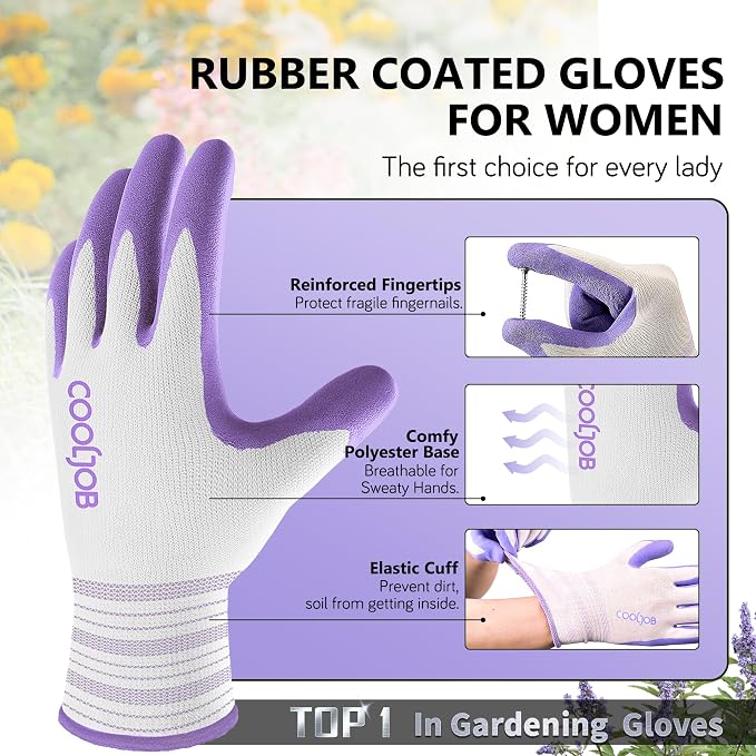 COOLJOB 6 Pairs Gardening Gloves for Women Ladies, Breathable Rubber Coated for Yard Garden, Outdoor Indoor Protective Work, Large, Lavender Purple & Apple Green