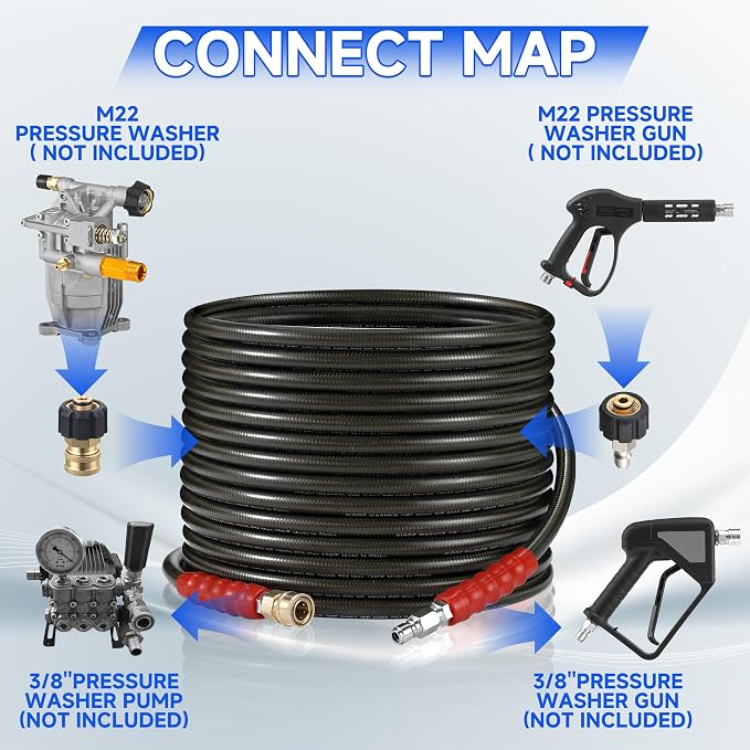 RIDGE WASHER Pressure Washer Hose 50 Feet X 3/8 Inch, 6000 PSI | 2-Wire Steel Braid Hose (R2) for Hot and Cold Water, 3/8 Inch Quick Connect