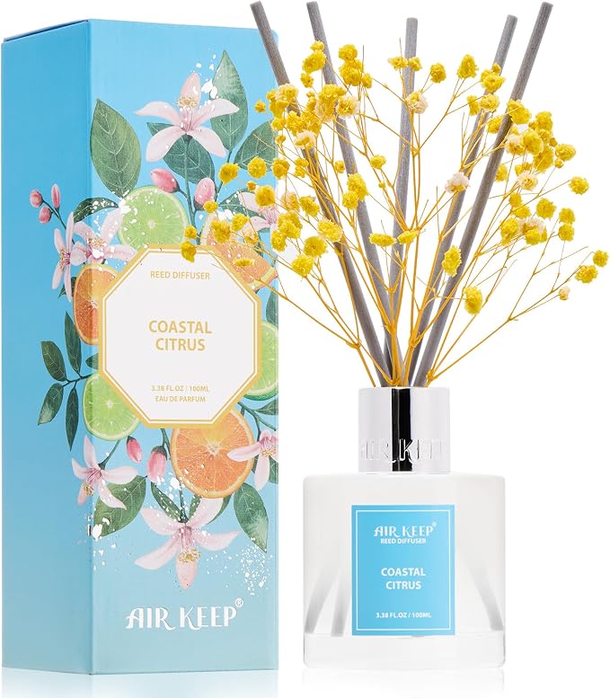 Reed Diffuser Set,3.38 fl oz (100 ml) - Coastal Citrus Oil Diffusers with 8 Reed Sticks, Home Fragrance Reed Diffuser for Bathroom Shelf Decor