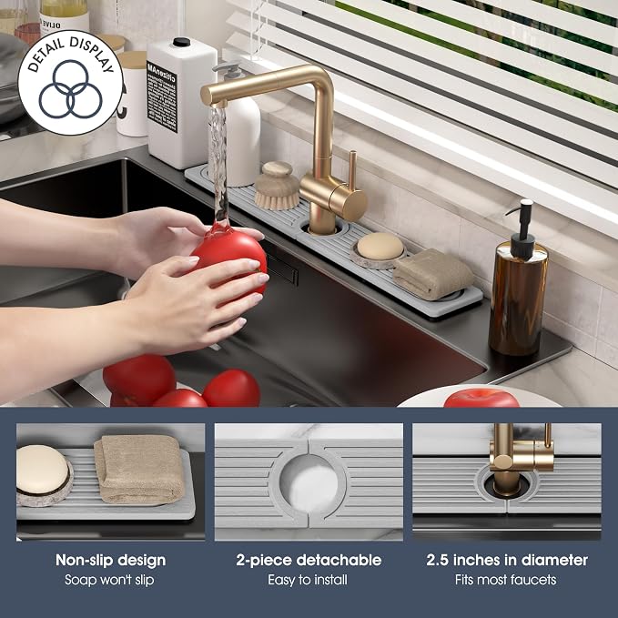 Quick Drying Stone Faucet Mat for Kitchen Sink - Diatomite Sink Mat Absorbing Stone Tray for Bathroom Counter, Sink Faucet Splash Guard Water Protector Matt for Kitchen Counter(Light Gray, 17.7"x3.9")