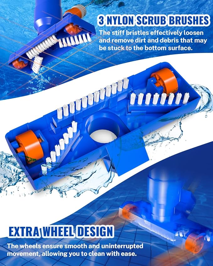 Portable Pool Vacuum for Above Ground/Inground Pool, Pool Cleaner Vacuum with 3 Scrub Brushes, Pool Leaf Vacuum & Nylon Mesh Net, Pool Cleaners for Swimming Spa Fountain Pond Hot Tub, Pure Blue
