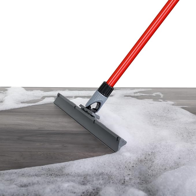 Heavy Duty Floor Squeegee for Concrete and Tile Floor - Silicone Squeegee Broom Floor Scrubber - Large Single Cast Rubber Blade Aluminum Long Handle 360° Swivel Joint - Garage Shower Window Cleaning