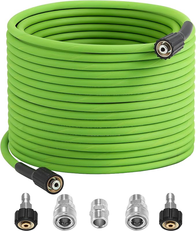 PWACCS Pressure Washer Hose 50 FT, 1/4" ID Steel Braided Power Washer Hose with M22-14mm Fittings - 4000 PSI High Pressure Wash Replacement Hose with Universal Adapter Kit, Green
