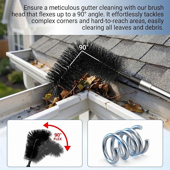 12.7 FT Gutter Cleaning Tools from The Ground with 2Pcs Nylon Brush Stainless Steel Telescopic Pole Adjustable Gutter Cleaner Tools No Ladder Needed for Easy Remove (Black)