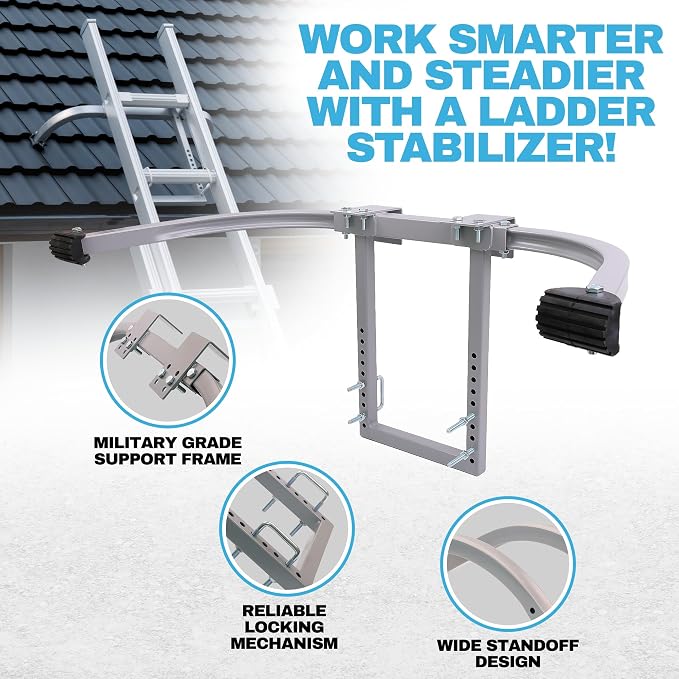 Heavy Duty Ladder Stabilizer | Carbon Steel Extension Ladder Standoff with Anti-Slip Rubber Feet for Gutter Cleaning, Painting & Roofing - Professional Grade Ladder Accessory for Extension Ladder