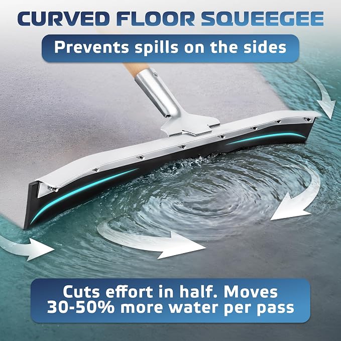 Curved Floor Squeegee 24’’, Rubber Blade Garage Squeegee, Taper Pole Connection - Handle Sold Separately for Tiles, Concrete and Asphalt
