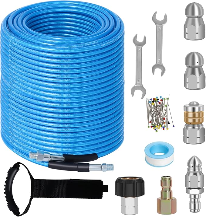 200FT Sewer Jetter Kit for Pressure Washer 5800PSI Drain Cleaner | 1/4" NPT Sewer Hose with 4 Jetting Nozzles for Long Reach Drain Cleaning, Includes Tools and Accessories