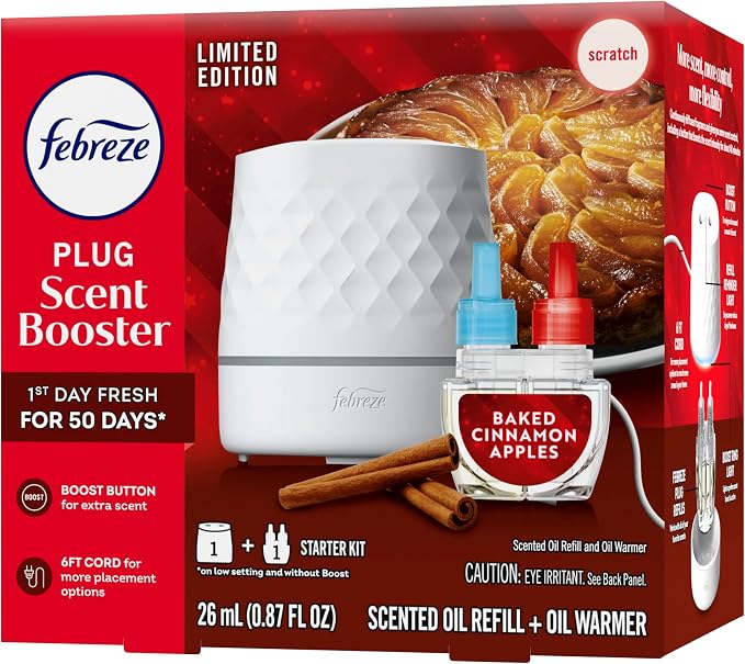 Febreze Plug Scent Booster Starter Kit, Oil Diffuser, Air Freshener Plug in, Continuous Scent, 2 Devices + 2 Baked Cinnamon Apple Refill