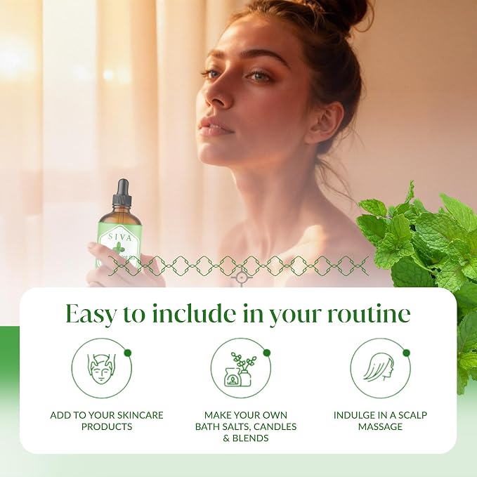 Siva Peppermint Essential Oil, Glass Bottle with Dropper, 4 Fl Oz (118 ml) | Peppermint Oil for Diffuser, Humidifier, Skin Care, Hair Care, Scalp Care, Body Massage, Soap Making, Blending & DIY Projects