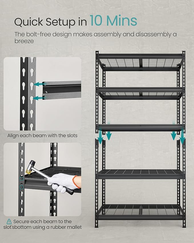 SONGMICS 5-Tier Storage Shelves, Heavy-Duty Garage Shelving, Adjustable Shelving Unit, Steel Shelf, Boltless Assembly, for Garage, 2,250 lb Load, 18 x 72 x 72 Inches, Ink Black UGLR453B02