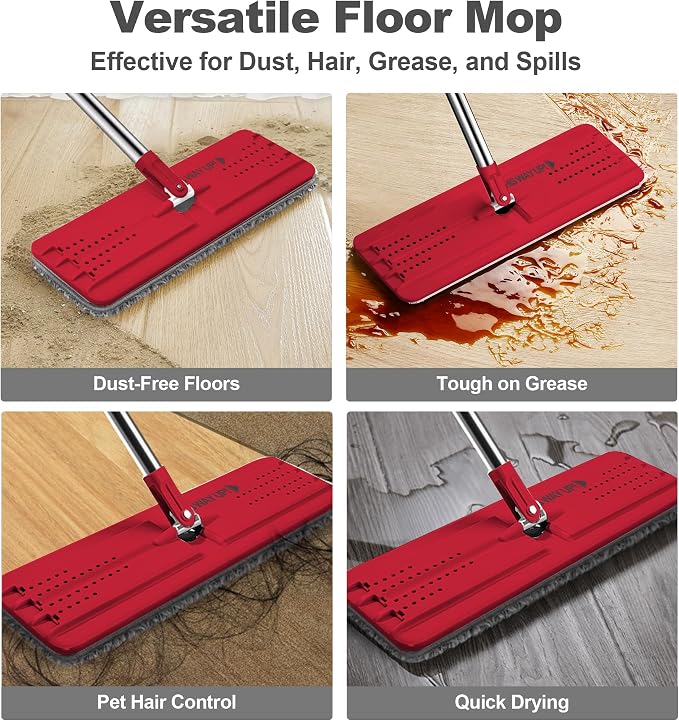 JOYMOOP Flat Mop, Microfiber Mop Head for Floor Cleaning, 50" Handle with 13" Flat Head, Black & Red