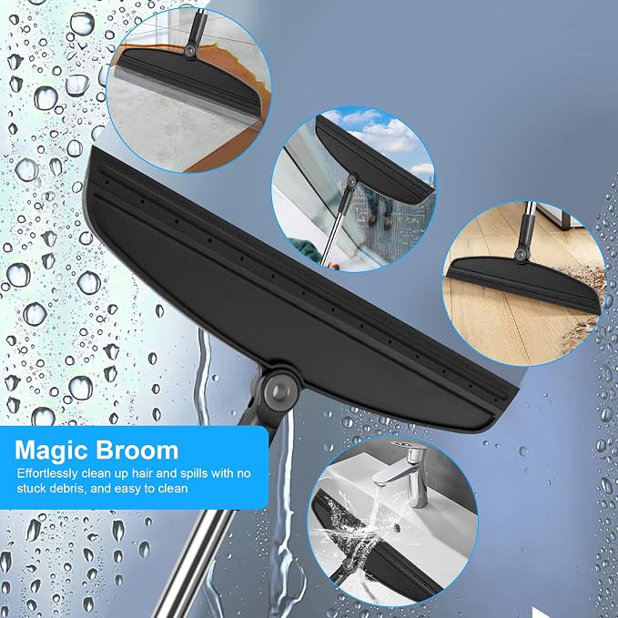 Broom and Dustpan Combo Set, 51" Long Handle with Squeegee | Black Complete Cleaning Kit, Floor Squeegee for Wet & Dry Messes, Built-in Comb Dustpan for Home & Pet Areas