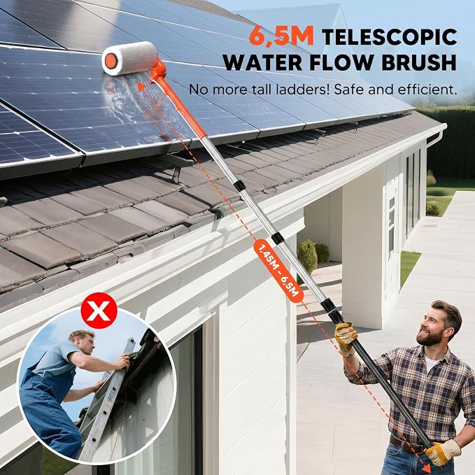 Electric Solar Panel Cleaning Kit, 20FT Telescoping Water Fed Brush | 2 spin speeds and up to 2 hours of runtime for solar panels, high windows, roofs, RVs, boats, and outdoor surfaces.