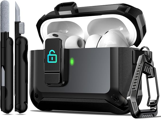 for AirPods Pro 3 Case with Lock Magnetic Lid, Black | Compatible Apple AirPods Pro 3, Compatible MagSafe, Protective Case with Cleaner Kit & Carabiner, Powerful Drop Protection
