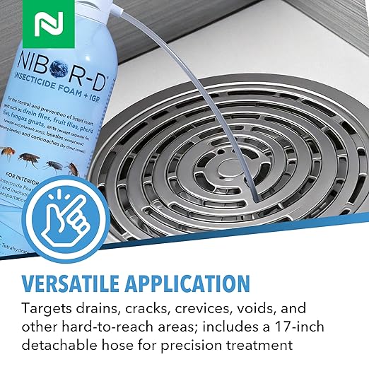 Nibor-D Insecticide Foam with IGR, Ready-to-Use for Fly and Cockroach Control, 360 Degree Application, Includes 17" Hose (1 Pack, 21 oz Can)