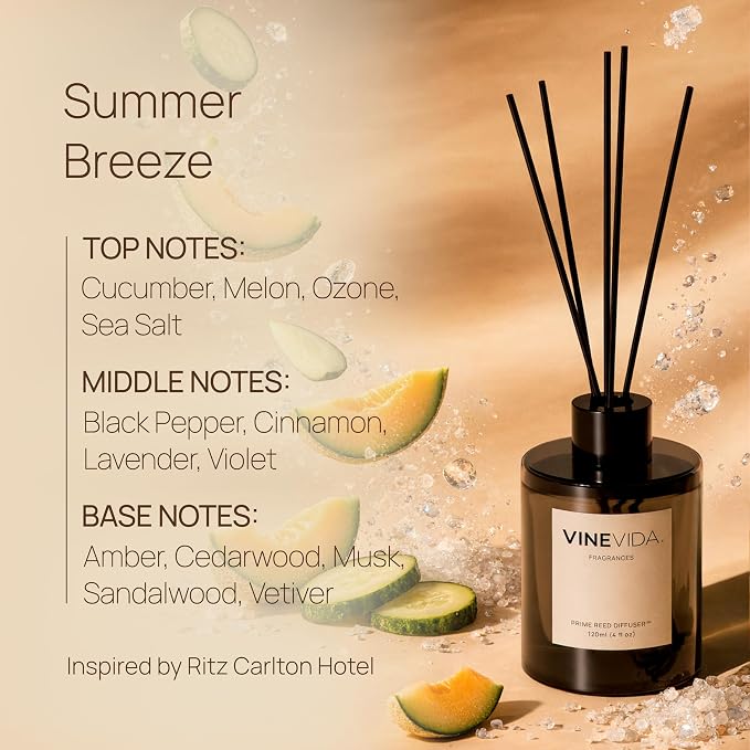VINEVIDA | Summer Breeze | Reed Diffuser for Home & Bathroom | Long-Lasting Scent Sticks Set | Oil Stick Diffuser | Bathroom Scent