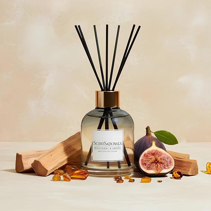 ScentSationals Mahogany & Amber Water-Based Reed Diffuser - 5 FL OZ | Mahogany, Amber, & Palo Santo - Warm and Woodsy Scented Home Fragrance