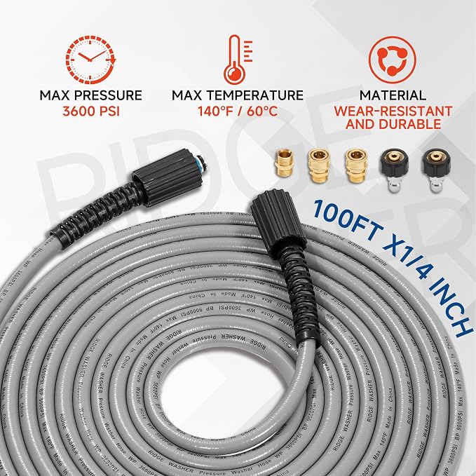 RIDGE WASHER Pressure Washer Hose, 100FT, 1/4 Inch, M22 14 Fitting | Kink Resistant, 3600 PSI, Compatible with Most Pressure Washer Accessories