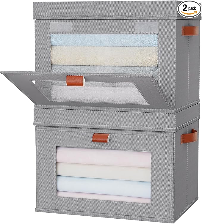 Large Storage Bins with Lids,Stackable&Collapsible Closet Storage Bins,Oxford Fabric Organizer Box with Clear Window,Large Decorative Storage Boxes for Shelves,Wardrobe,Living Room,Dorm(Grey)