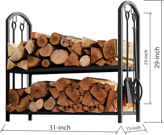 Fire Beauty Fireplace Firewood Log Rack 5-Piece Storage Logs Holder with Tools Set with 4 Tools Set Fireside Holders Wood Lumber Storage Stacking Black