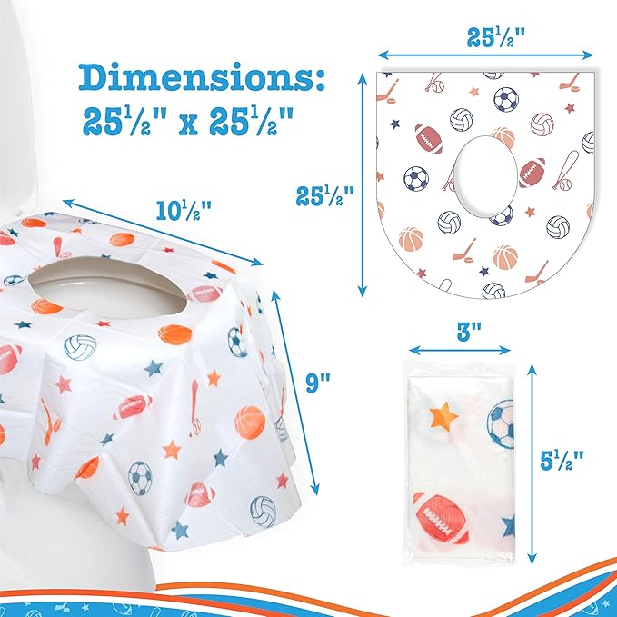 Toilet Seat Covers Disposable (12 Pack, Sports) - XL Waterproof Toilet Cover for Toddlers, Kids & Adults - Portable & Individually Wrapped for Travel, Potty Training & Public Restrooms