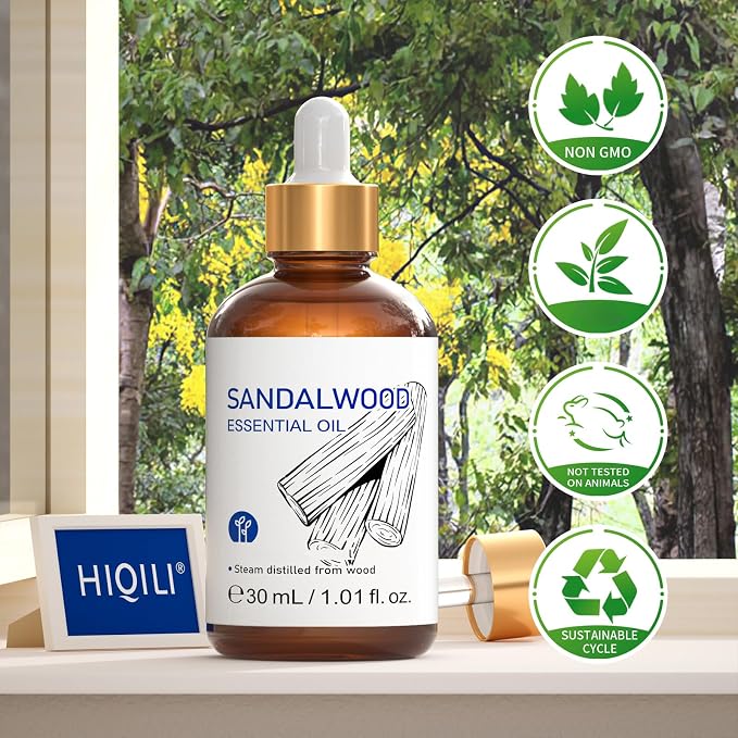 HIQILI Sandalwood Essential Oils for Skin, Diffuser & Candle Soap Making | Versatile for Perfume, Hair Care & Room, Moisturizes, Deodorizes Laundry - 30ml / 1.01 fl oz