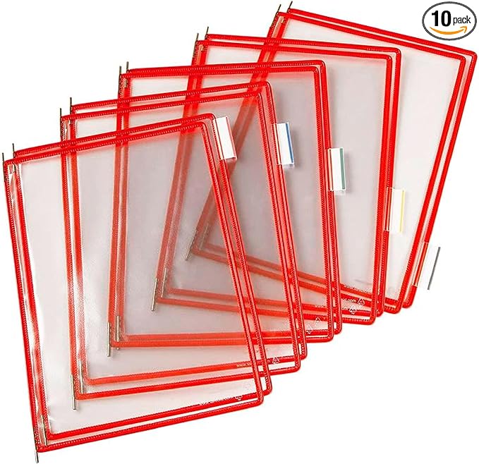 Tarifold Replacement Pivoting Pockets, Letter Size, Red, 10 Pack | 10 non-glare wire-reinforced PVC pockets hold 20 letter-size sheets, snap-on index tabs included, top-loading