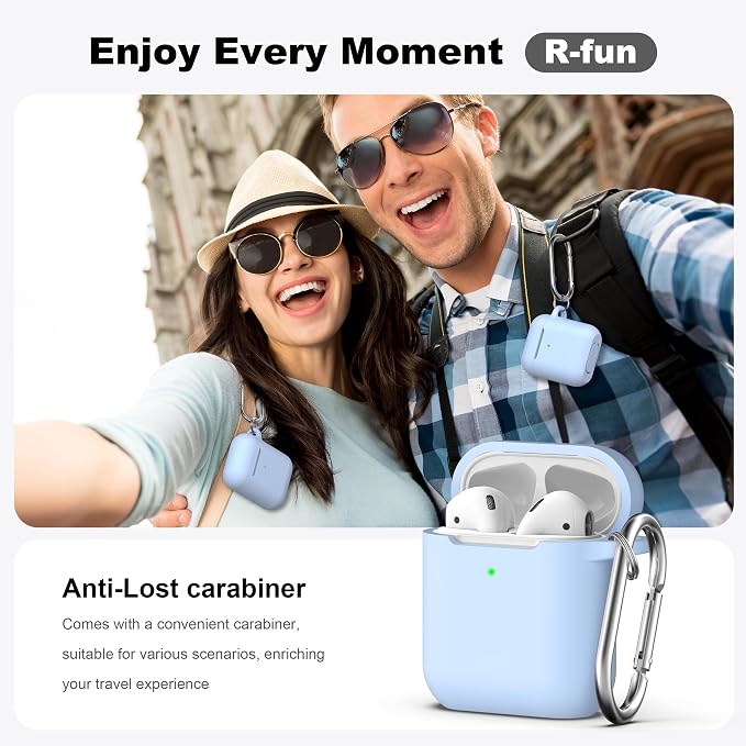 R-fun for AirPods 1/2 Case, Soft Silicone Protective Cover with Keychain and Cleaning Pen, Compatible with AirPods 2nd/1st Generation (2016/2019), Full Drop Protection Cover, Sky Blue