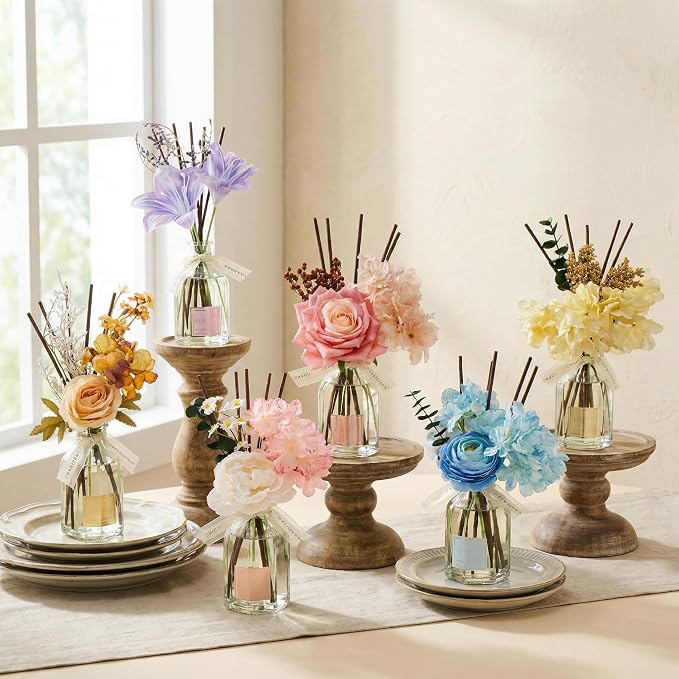 Reed Diffuser - Pink Rose 8.5 Fl.oz Flower Reed Diffuser with Sticks, Bedroom Bathroom Shelf Decor (Floral Basket Collection)