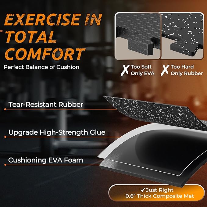 PRAISUN 0.6" Thicker Gym Mat, 6 Tiles 24 Sq Ft Workout Mats, Interlocking Foam Tiles with Rubber Top, High Density EVA Foam, Exercise Mat, Gym Flooring for Home Gym, Garage, 24 x 24in, Black/Grey