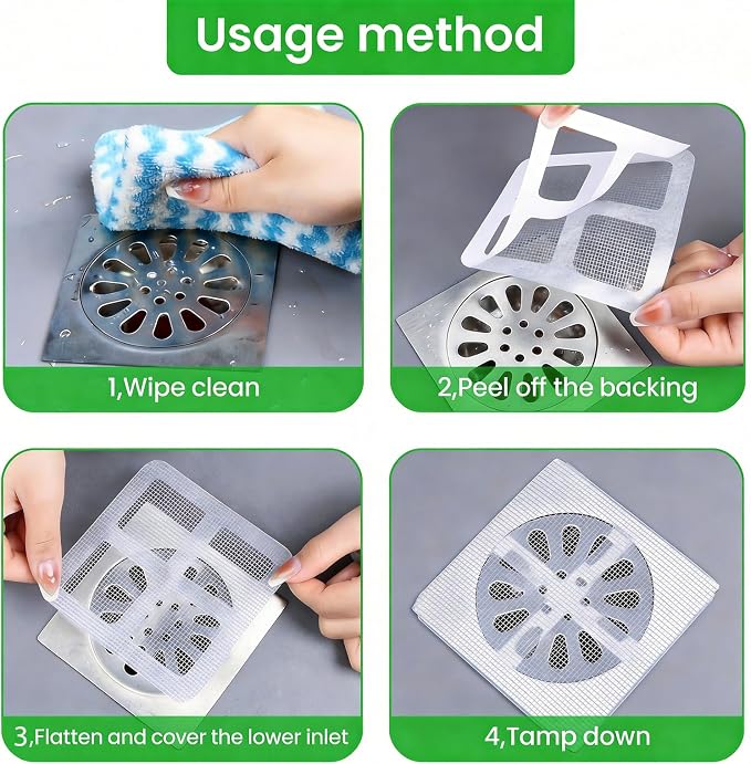 100PCS Disposable Drain Hair Catcher Stickers, Self-Adhesive Shower Sink Drain Mesh Stickers for Bathroom Bathtub Kitchen Sink, Disposable Hair Trap Sticker Drain Protector