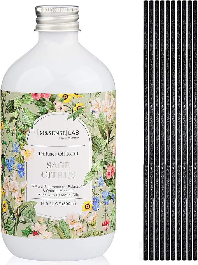 M&SENSE Reed Diffuser Set, Sage Citrus, 17oz Natural Essential Oil | Non-Toxic Organic, Long-Lasting Fragrance, Ideal for Living Room, Home Office, Gifts for Women
