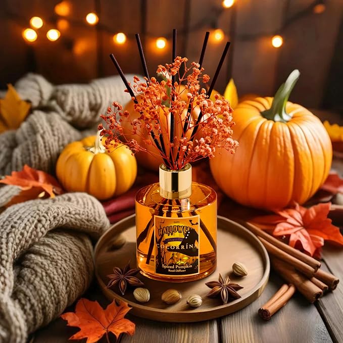 Reed Diffuser - Spiced Pumpkin 6.7 fl oz Scented Diffuser with 8 Sticks Home Fragrance Bathroom Shelf Decor (Halloween Collection)