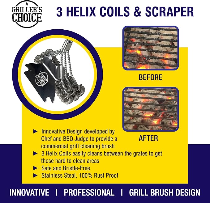 Grillers Choice Commercial Grill Brush - 2 Headed Double Helix Coils, Bristle Free, 18" Long Handle, 3 in 1 Professional Barbecue Cleaner, Stainless Steel, All Grill Types.