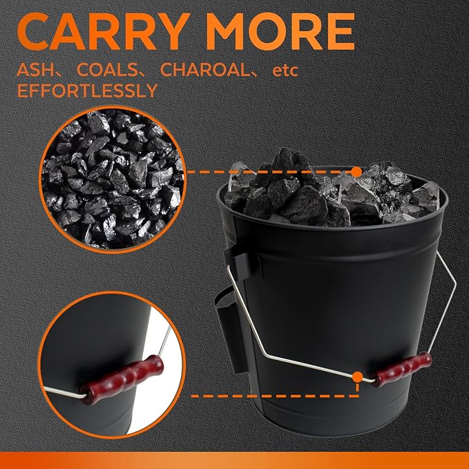 5.2 Gallon Ash Bucket with Lid and Shovel, Metal Fireplace Ash Bucket with Broom, Complete Fireplace Tools Set for Wood Stove and Fireplace