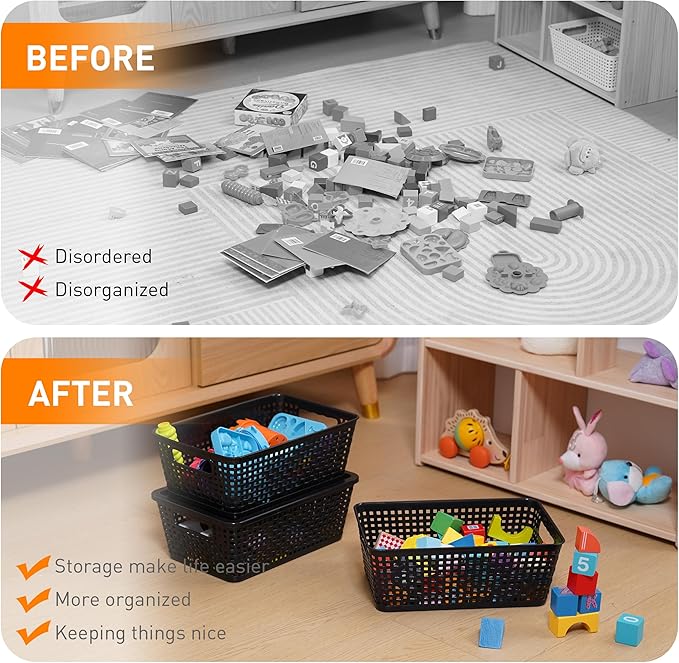 Plastic Storage Baskets With Lid, Storage Bins for Organizing, Stackable Decorative Containers for Shelves Drawers Desktop Closet Playroom Classroom Office, 6 Pack-Black