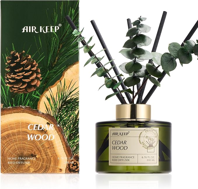 Reed Diffuser Set with 6.76 fl oz Cedar Wood Scent Essential Oils and 3 Leaves & 8 Diffuser Sticks,Bathroom Shelf Decor & Air Freshener, House Bedroom Office Decor & Gifts