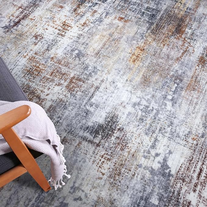 IOHOUZE Abstract Round Area Rug 8 Ft Washable Circle Rugs Large Round Rug Non Slip Thin Soft Circle Rugs, Printed Faux Wool Floor Carpet for Bedroom Living Room Dining Room Nursery, Orange Grey