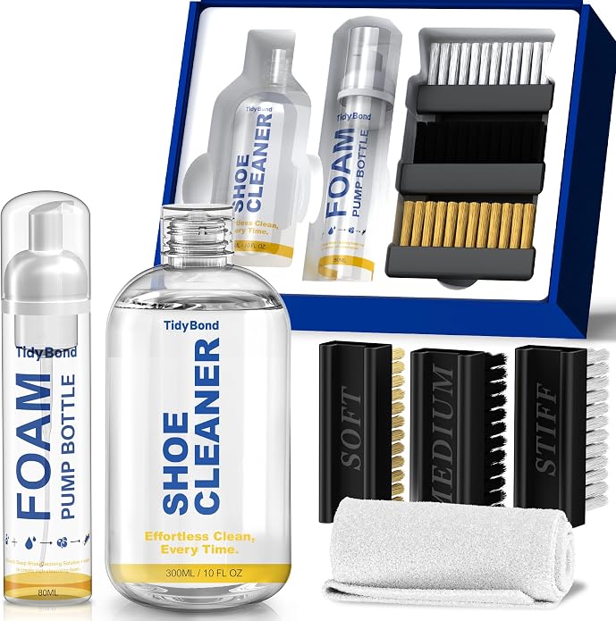 Shoe Cleaner Kit for Sneakers with 3 Brushes and Foam Bottle, 10.6 oz | Deep Cleaning for White Shoes, Leather, Suede, Nubuck, Canvas, Mesh, Boots, Midsoles and Soles